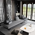 Modern Living Room Interior With Gray Sofa Marble Coffee Table And Large Windows