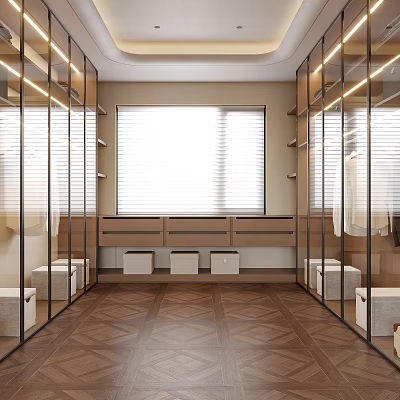 Modern Walk-in Closet Interior With Glass Door Wardrobes Central Bench And Herringbone Wooden Floor 3d model
