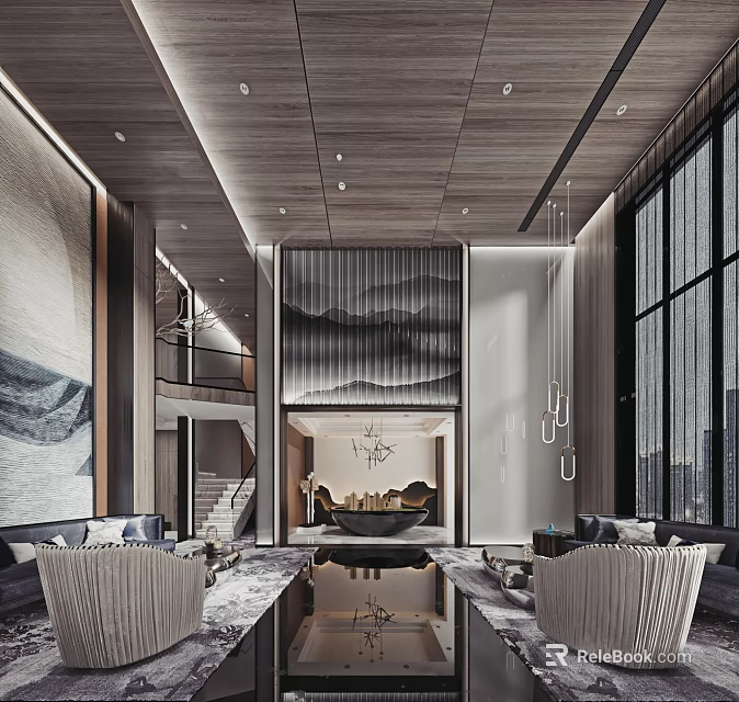 Modern Sales Office Interior Design With Wooden Ceiling Large Windows Sofas And Coffee Tables 3d model 