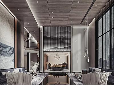 Modern Sales Office Interior Design With Wooden Ceiling Large Windows Sofas And Coffee Tables 3d model