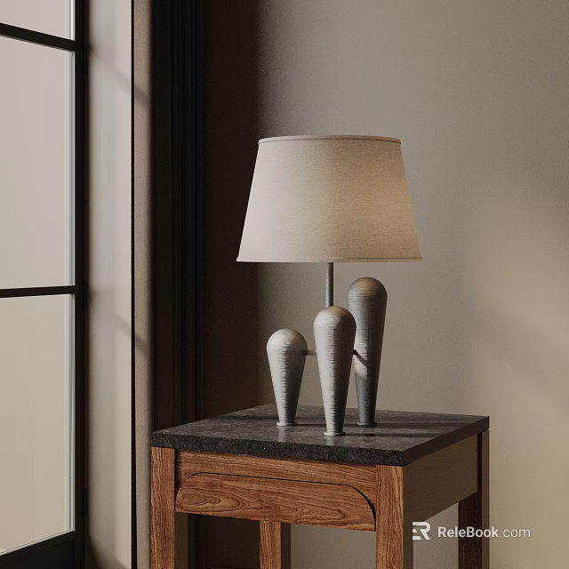 Table Lamp With Linen Shade On Wooden Cabinet Dark Marble Top And Decorative Cone Figurines 3d model 