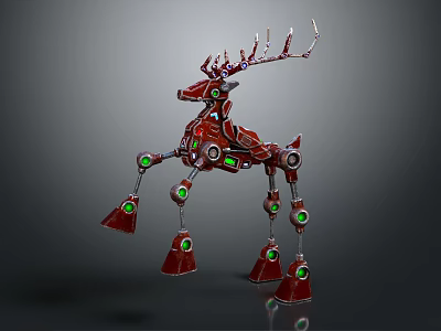 Red Mechanical Deer Character With Robotic Antlers And Green Leg Components 3d model