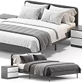 Modern Double Bed with Gray and White Bedding and Wooden Nightstands