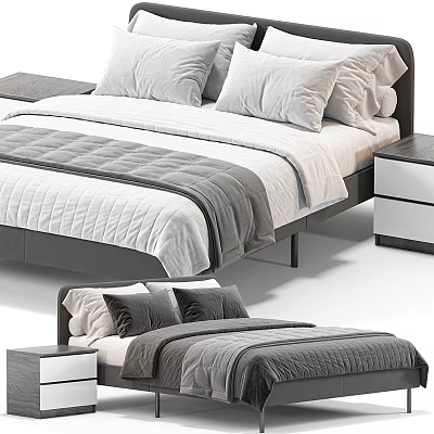 Modern Double Bed with Gray and White Bedding and Wooden Nightstands 3d model