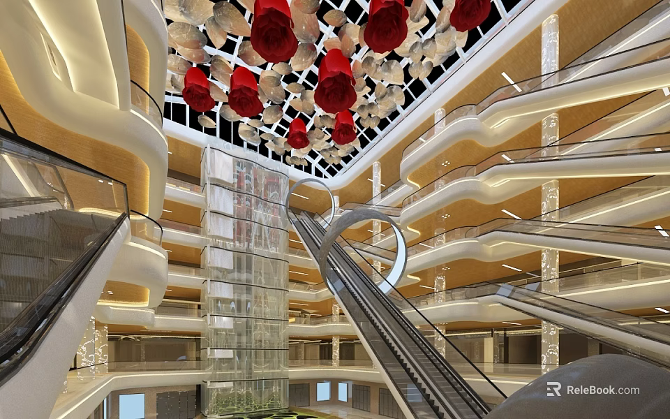 Shopping Mall Atrium With Escalators Glass Elevator And Red Ceiling Decorations 3d model