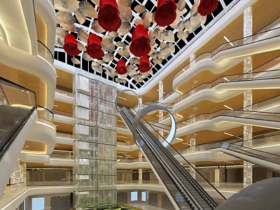 Shopping Mall Atrium With Escalators Glass Elevator And Red Ceiling Decorations 3d model