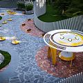 Tropical Park Landscape With Winding Pathways Circular Beds Palm Trees Yellow Accents And Lush Greenery