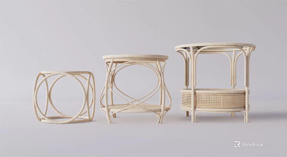 Elegant Rattan Woven Side Tables With Modern Circular Top And Intricate Frame 3d model 