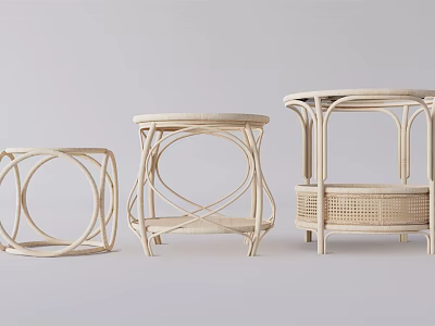 Elegant Rattan Woven Side Tables With Modern Circular Top And Intricate Frame 3d model