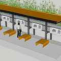 Garden Landscape Design With Covered Structure Display Boards Yellow Benches And Green Plants