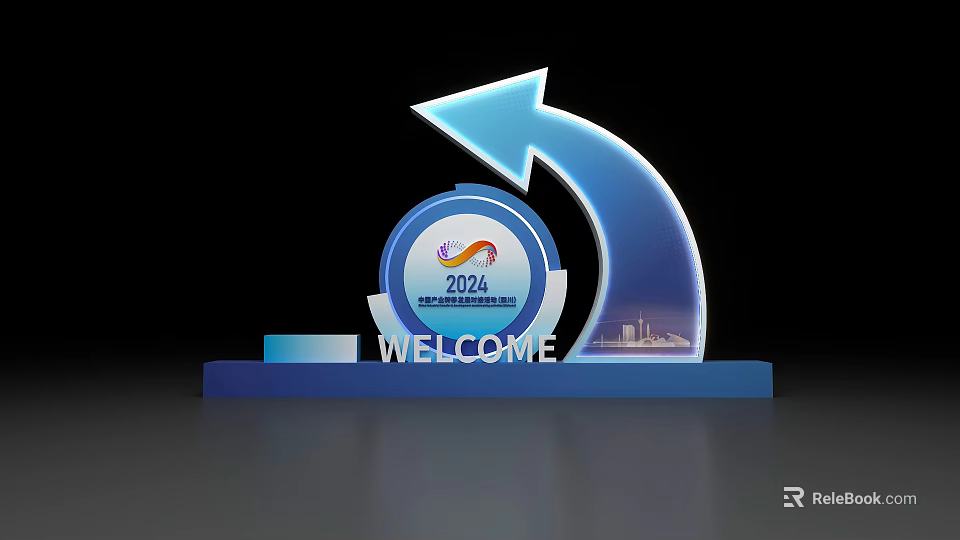 2024 Guide Sign With Blue Arrow Circular Logo And Welcome Text For Events 3d model 
