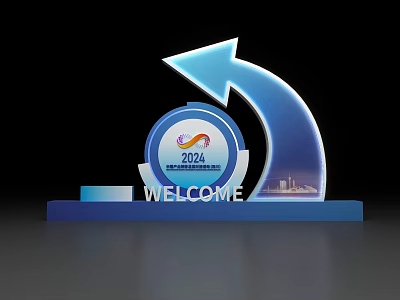 2024 Guide Sign With Blue Arrow Circular Logo And Welcome Text For Events 3d model