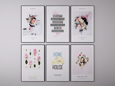 Six Framed Botanical Prints With Floral Designs And Inspiring Quotes For Home Decor 3d model