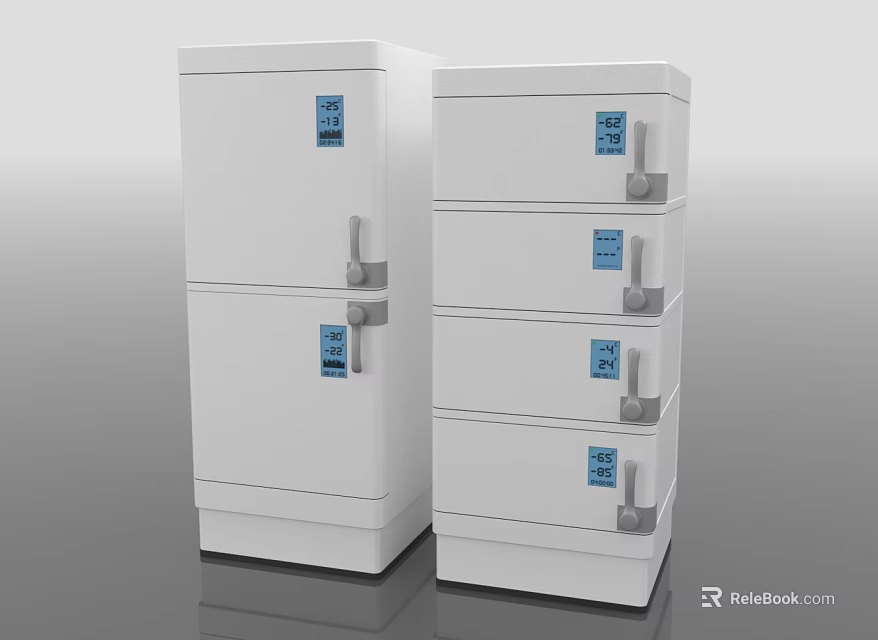 White Upright Refrigerators And Freezers With Multiple Doors Blue Display Panels And Silver Handles 3d model 