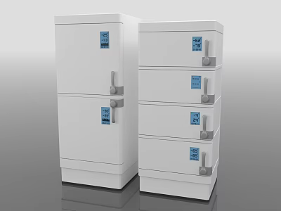 White Upright Refrigerators And Freezers With Multiple Doors Blue Display Panels And Silver Handles 3d model