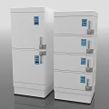 White Upright Refrigerators And Freezers With Multiple Doors Blue Display Panels And Silver Handles