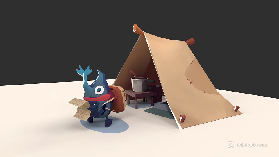 Cartoon Blue Fish Carrying Backpack Holding Map Beside Brown Tent With Table 3d model 