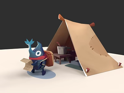 Cartoon Blue Fish Carrying Backpack Holding Map Beside Brown Tent With Table 3d model