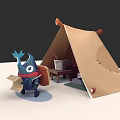 Cartoon Blue Fish Carrying Backpack Holding Map Beside Brown Tent With Table