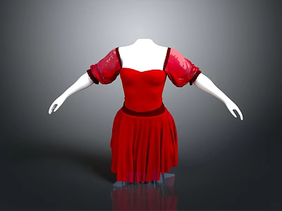 Fashion style dress dress red short sleeve pleated skirt heart collar women's clothing fashion design polyester fiber clothing realistic 3d model