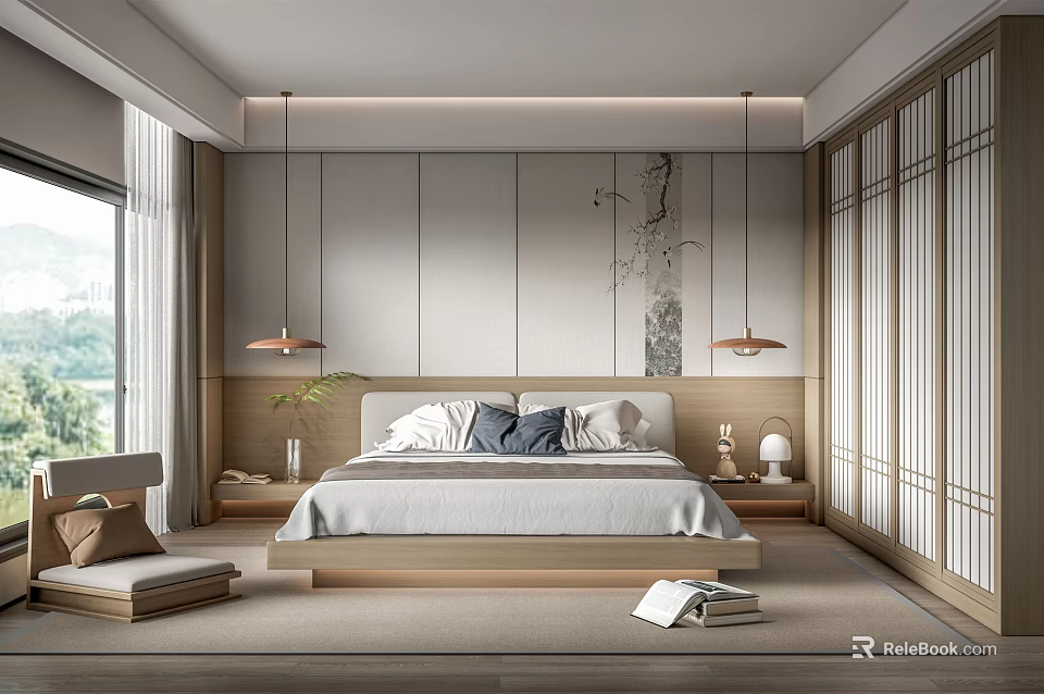 Japanese Style Bedroom Interior Design With Wooden Bed Sliding Doors And Natural Tones 3d model 