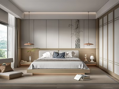 Japanese Style Bedroom Interior Design With Wooden Bed Sliding Doors And Natural Tones 3d model