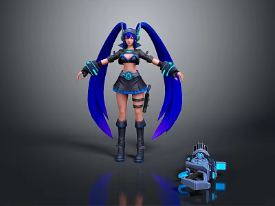 Futuristic Game Character With Blue Long Hair Headphones Black Outfit And Mechanical Weapon 3d model