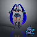 Futuristic Game Character With Blue Long Hair Headphones Black Outfit And Mechanical Weapon