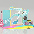 Music Theme Photo Check-in Spot With Guitar Record Player Musical Notes Decor And Colorful Background