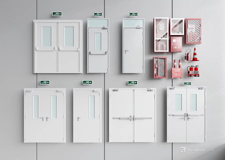 White Emergency Doors And Red Fire Safety Equipment On Grey Wall With Green Signs 3d model 