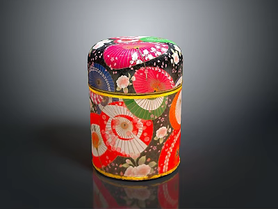 Colorful Patterned Cylindrical Storage Box With Traditional Floral Motifs And Decorative Bands 3d model