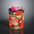 Colorful Patterned Cylindrical Storage Box With Traditional Floral Motifs And Decorative Bands