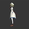 3D Nurse Character In White Dress With Blue Trim And Nurse Cap Holding Red Object