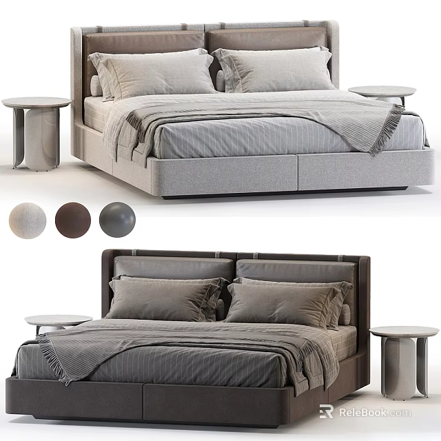 Modern Sleek Upholstered Double Bed With Nightstands And Color Options 3d model 