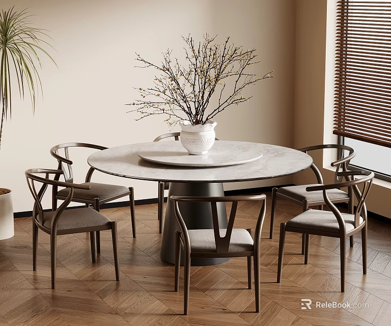 Minimalist Dining Space Featuring Round Table White Vase Branches And Wooden Floor 3d model