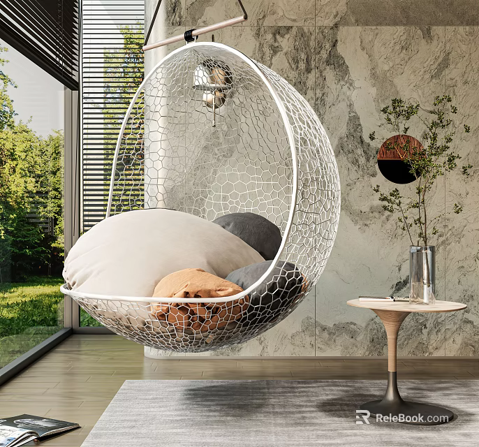 White Mesh Hanging Chair With Cushions And Blanket Indoor Near Window Marble Wall Green Plants 3d model 