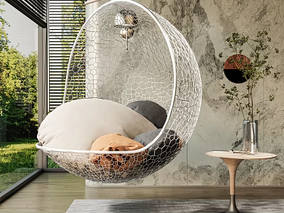 White Mesh Hanging Chair With Cushions And Blanket Indoor Near Window Marble Wall Green Plants 3d model