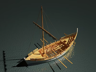 Traditional Wooden Boat with Mast and Oars Floating on Calm Water Surface 3d model