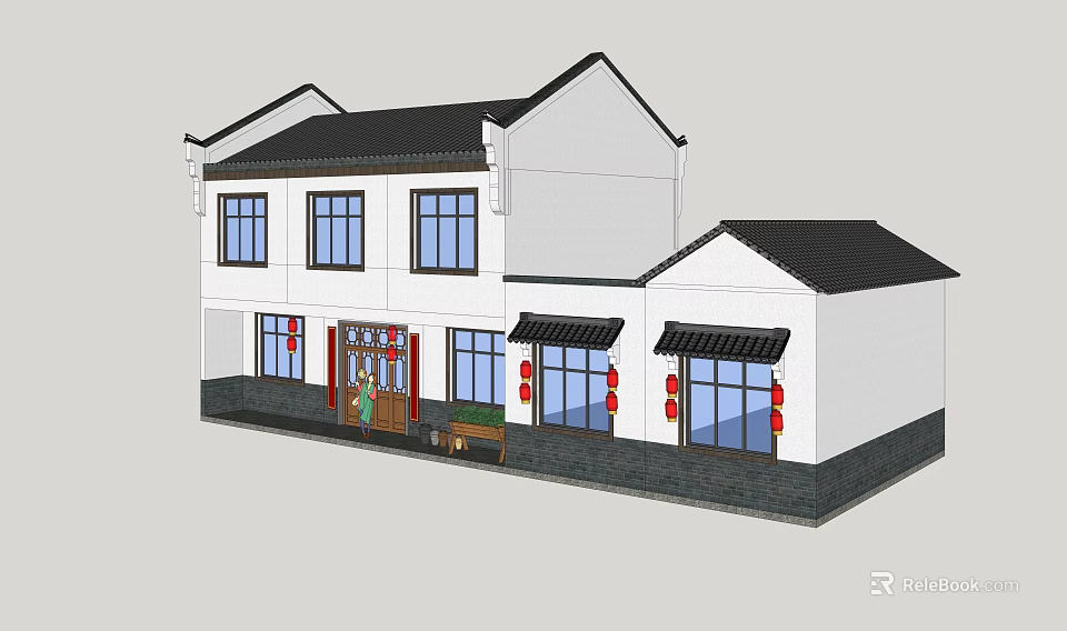 Traditional Chinese Rural Self built House With White Walls Black Tiles And Red Lanterns 3d model 