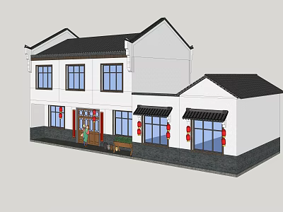 Traditional Chinese Rural Self built House With White Walls Black Tiles And Red Lanterns 3d model