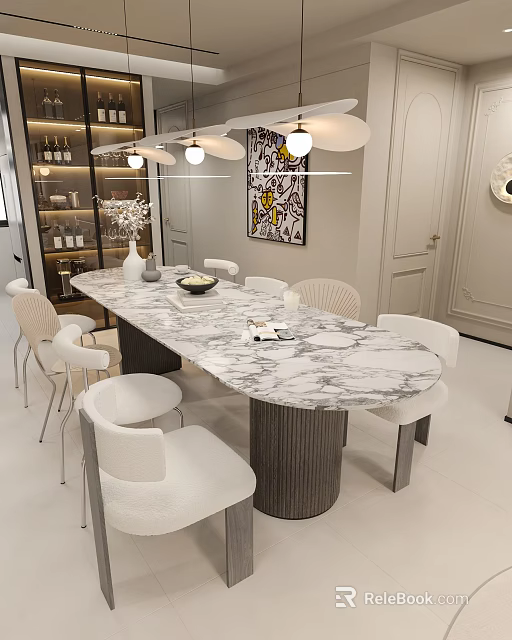 Modern Dining Table Set With Marble Top And White Chairs In Modern Interior 3d model