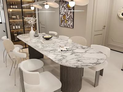 Modern Dining Table Set With Marble Top And White Chairs In Modern Interior 3d model