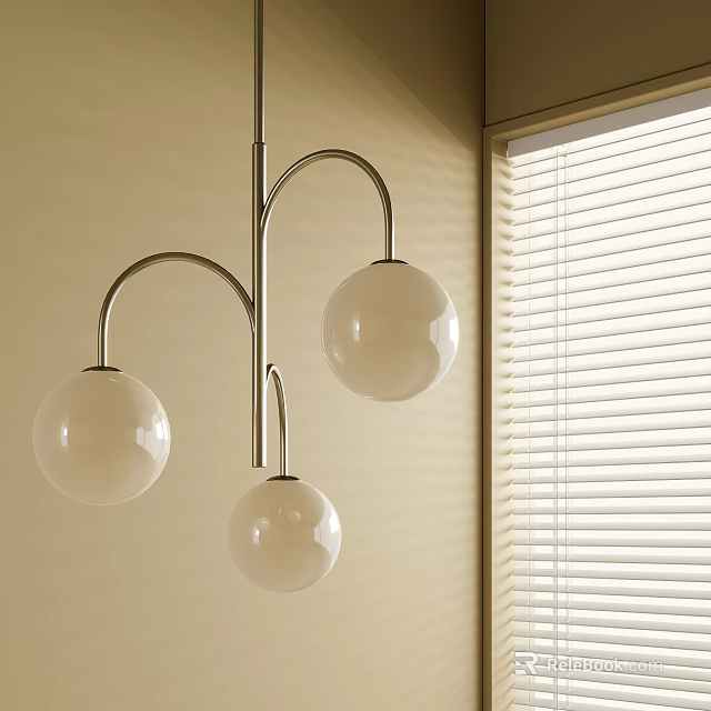 Modern Three Globe Pendant Light with Silver Frame Beige Wall and Blinds Window Interior 3d model