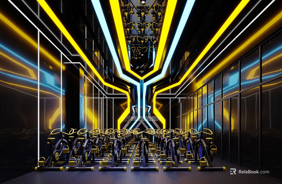 Modern Gym Interior Equipped With Spin Bikes And Neon Lights 3d model