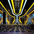 Modern Gym Interior Equipped With Spin Bikes And Neon Lights 3d model