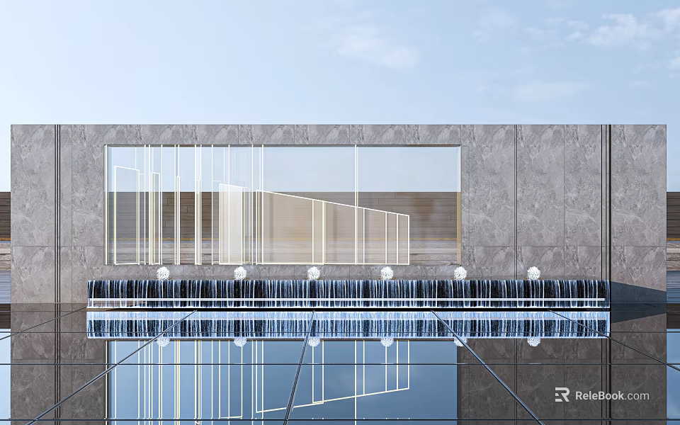 Modern Gray Stone Background Wall with Glass Windows and Water Reflection Design 3d model 