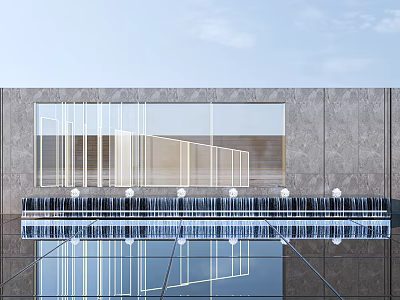 Modern Gray Stone Background Wall with Glass Windows and Water Reflection Design 3d model