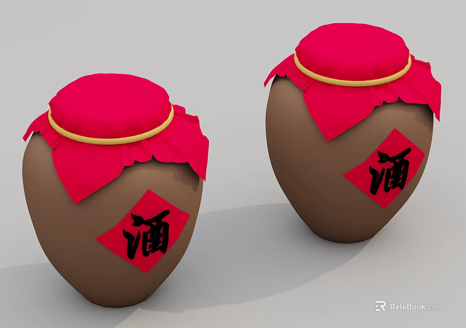 Traditional Chinese Style Wine Jars With Red Lids And Red Cloth Covers Featuring Wine Character 3d model 