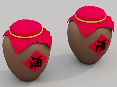 Traditional Chinese Style Wine Jars With Red Lids And Red Cloth Covers Featuring Wine Character 3d model