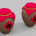 Traditional Chinese Style Wine Jars With Red Lids And Red Cloth Covers Featuring Wine Character